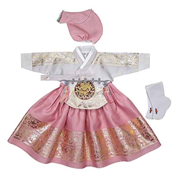 Girl Baby Hanbok First Birthday Party Celebration Hanbok Set Korean Traditional Costumes 100th days-8 Ages Gold Print osg001 (1 Age Full Set)